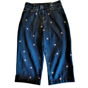 Basic Editions Denim Capris Jeans with Pink Flowers Elastic Waist in Back Size S